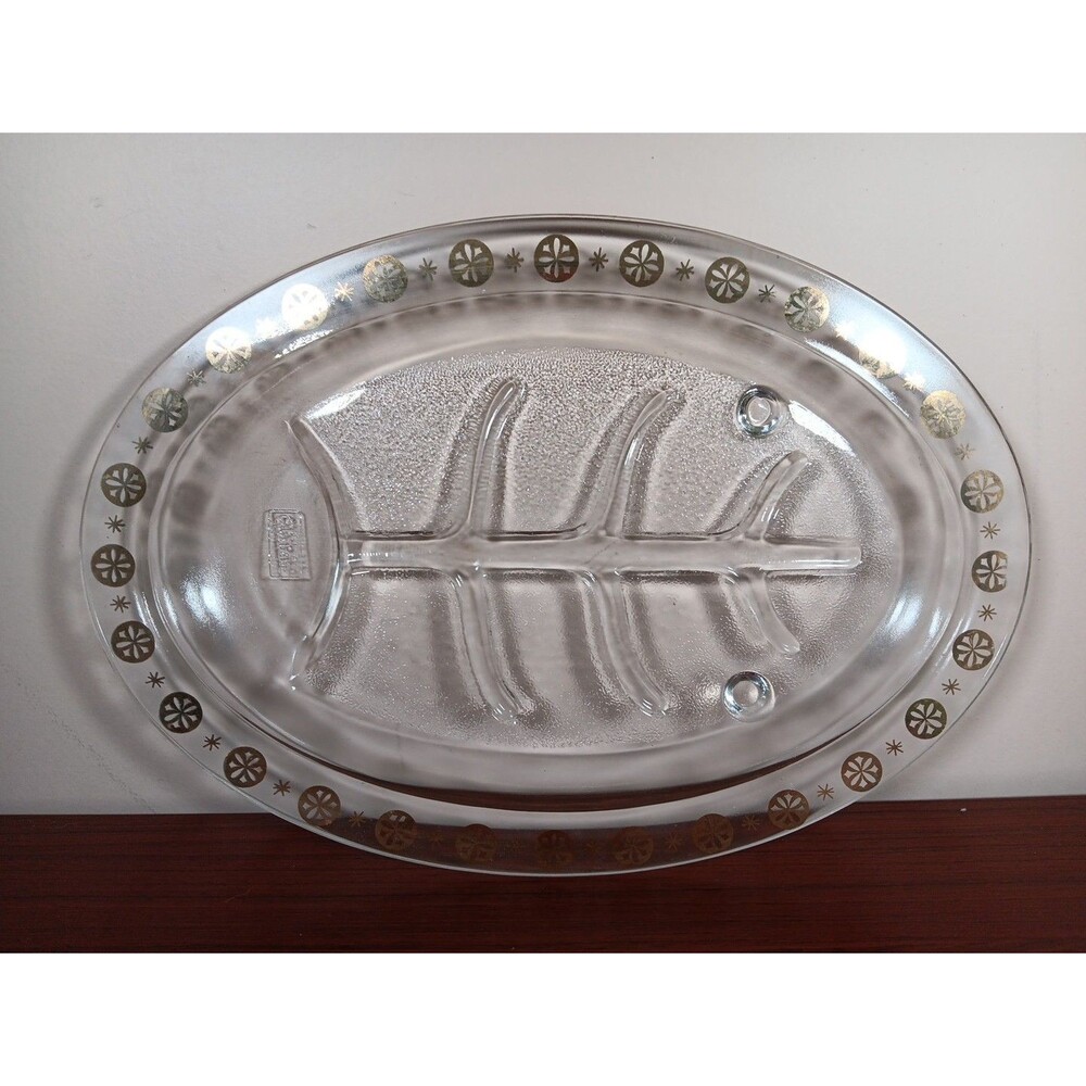 Vintage Glasbake Glass Footed Meat Platter with Gold Atomic Stars Border VG